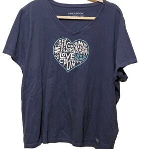 Life is Good Shirt‎ Womens Blue Superpower Love Heart Cotton Logo